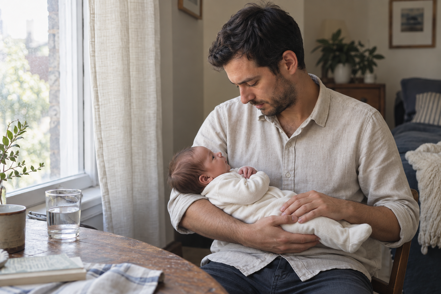 Illustrative scene of an awake father gently cradling his newborn beside a window