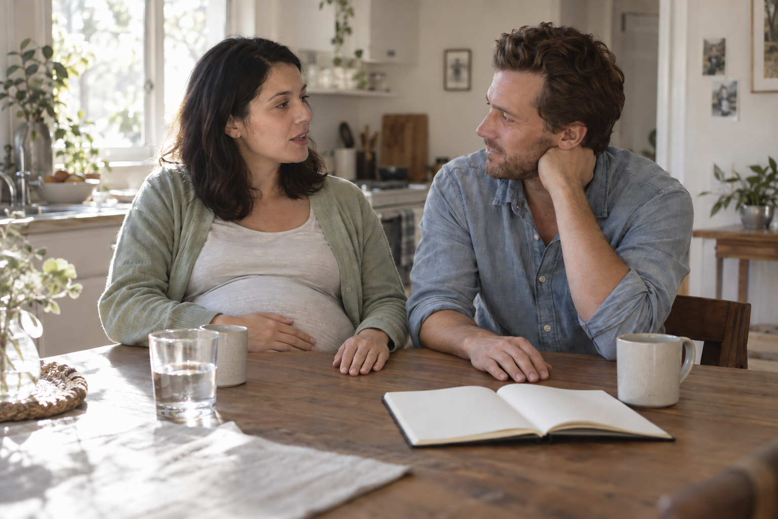 Illustrative scene of an expecting couple listening to each other at their kitchen table